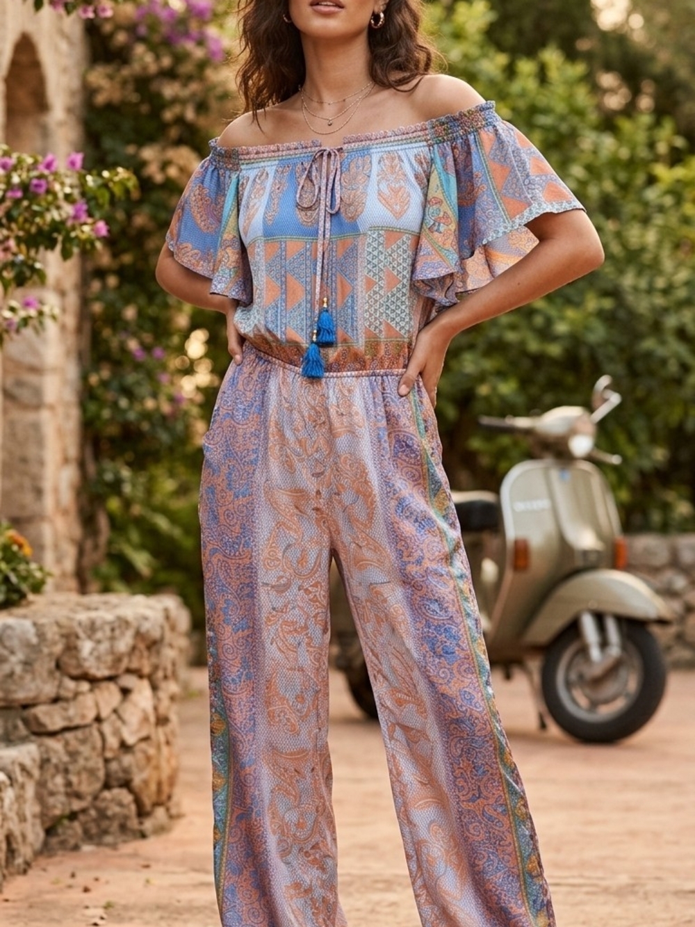Off-Shoulder Paisley/Snakeskin Jumpsuit in Blue and Peach